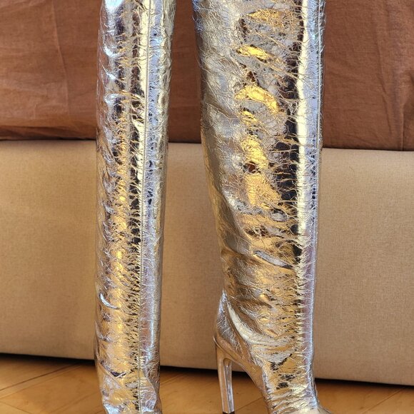 Dries Van Noten Silver Metallic Over the Knee Boots Sz 40 - Picture 4 of 12